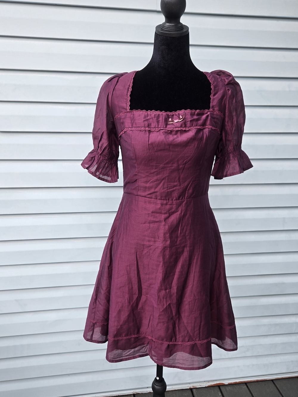 NWT ZOCO Plum Purple Cottagecore Milkmaid Mini Dress Puff Sleeve Open Back Bow